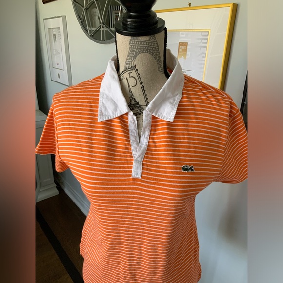 LACOSTE Striped Orange & White Polo Top Women’s Made in France Size Medium - Picture 4 of 11